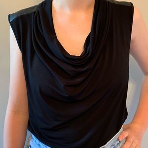 Cowl neck sleeveless top w/ faux leather shoulders